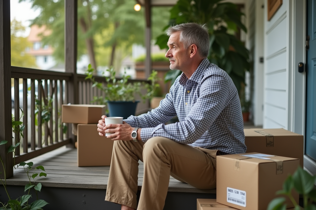 Homme assis sur le pas de la maison avec cartons et café