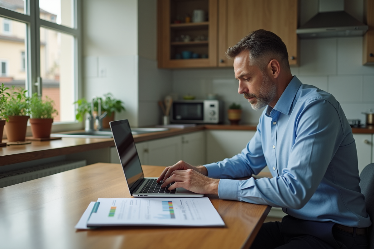 Homme à la maison examine un devis à la cuisine