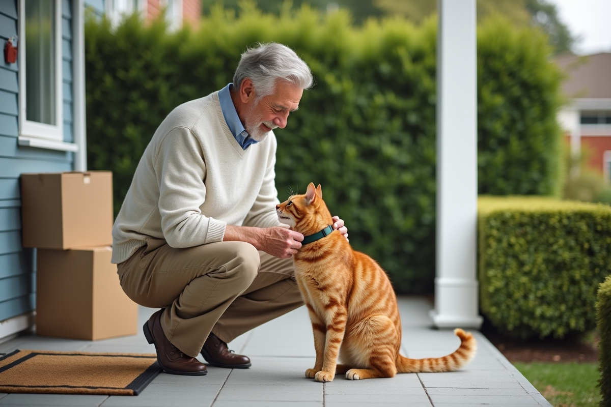 Homme âgé attachant un collier à son chat sur le porche