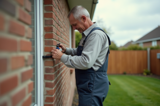 Homme en salopette isolant une maison avec pistolet à calfeutrer