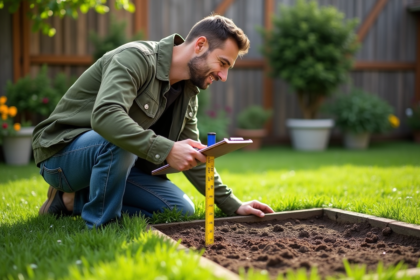 Homme en jeans vert mesure un jardin avec un ruban