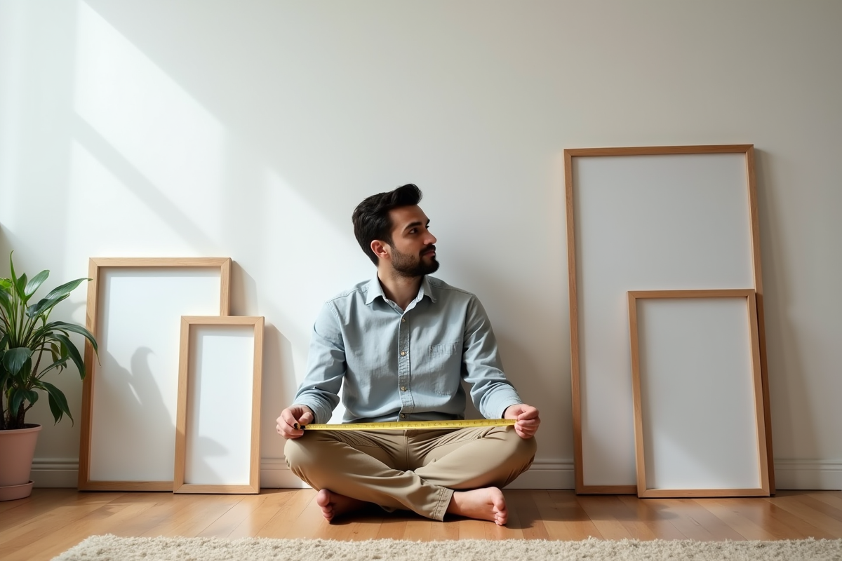 Homme mesurant un mur avec cadres pour décoration
