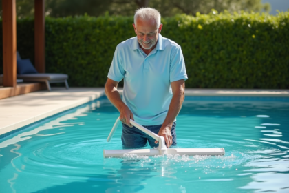 Homme d'âge moyen utilisant un filet pour nettoyer une piscine moderne