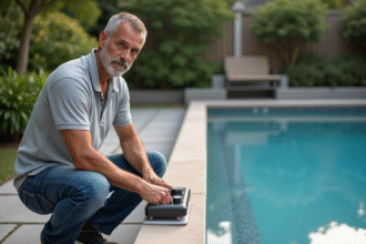 Homme examinant un panneau de chauffage de piscine extérieur