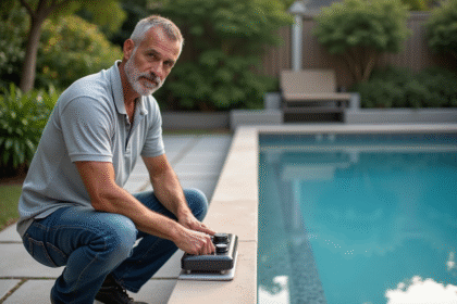 Homme examinant un panneau de chauffage de piscine extérieur