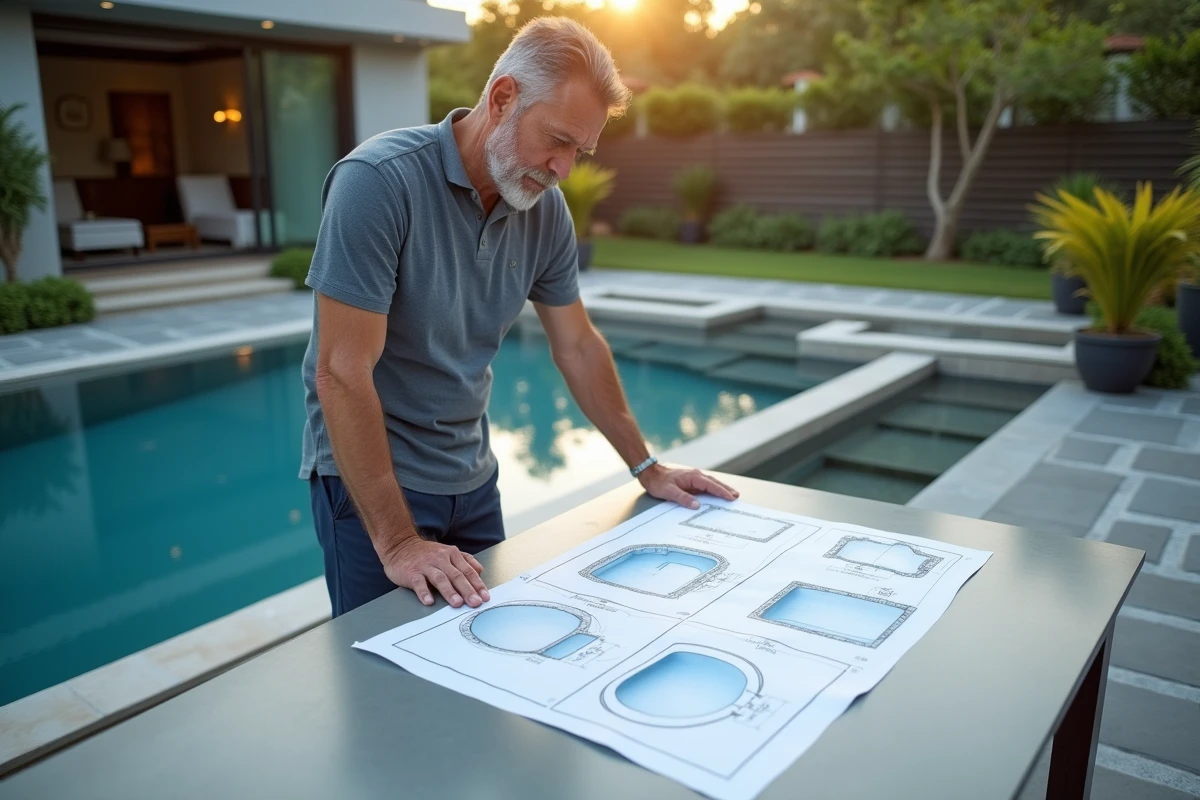 Homme examinant un plan de piscine dans le jardin