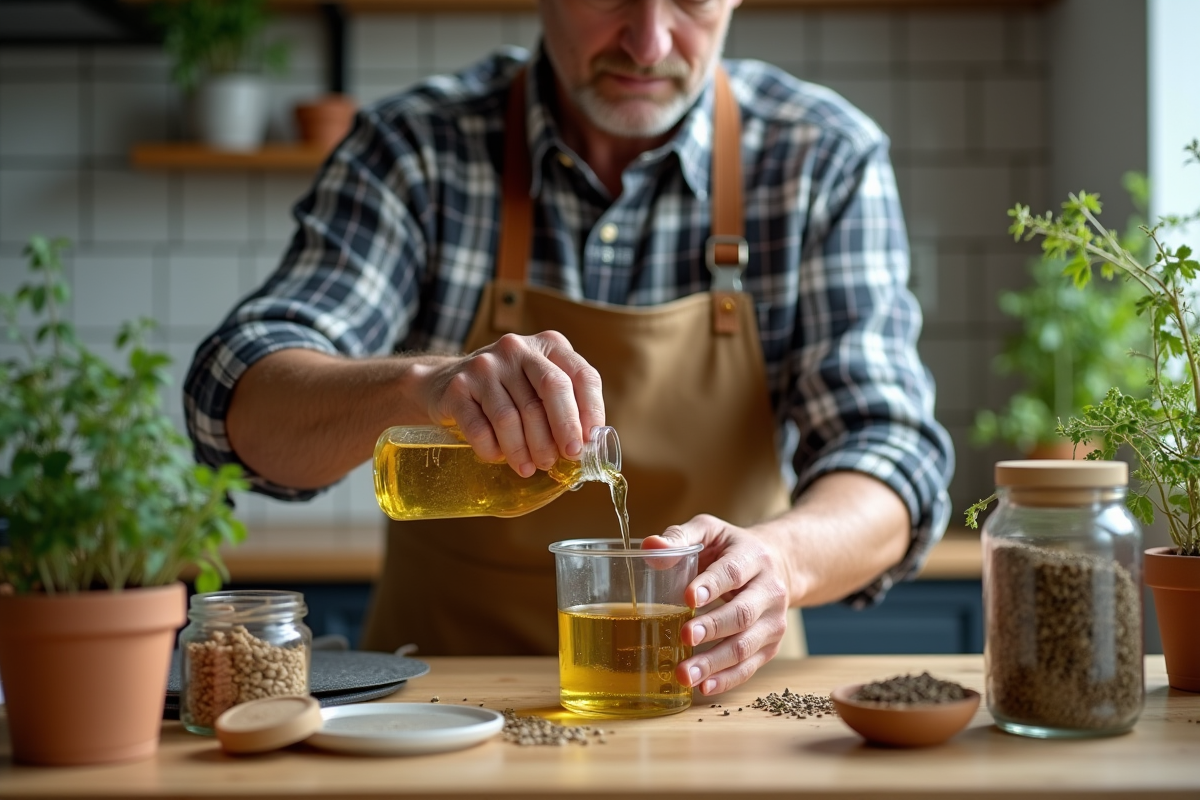 Homme préparant un insecticide maison avec huile de colza