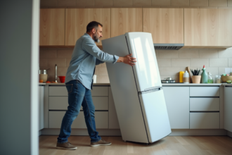 Homme en jeans et chemise incline un grand frigo dans une cuisine moderne