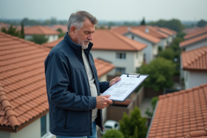 Homme d'âge moyen sur un toit résidentiel examine un plan