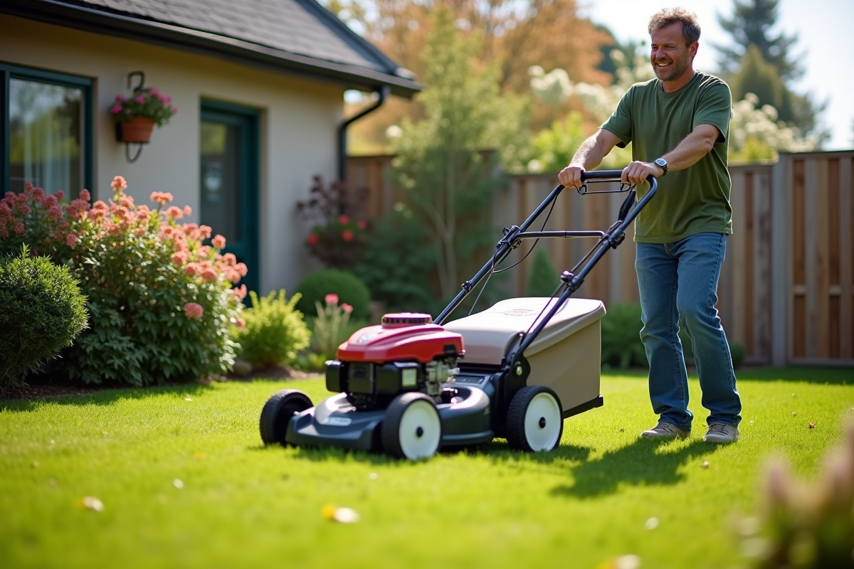 Homme d'âge moyen tondant la pelouse dans un jardin verdoyant au printemps