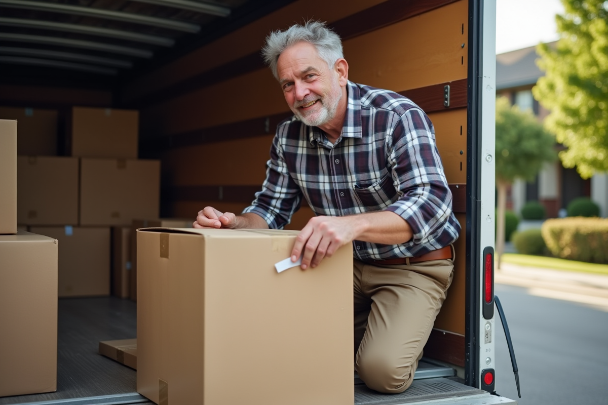 Homme âgé scellant une boîte dans un camion de déménagement