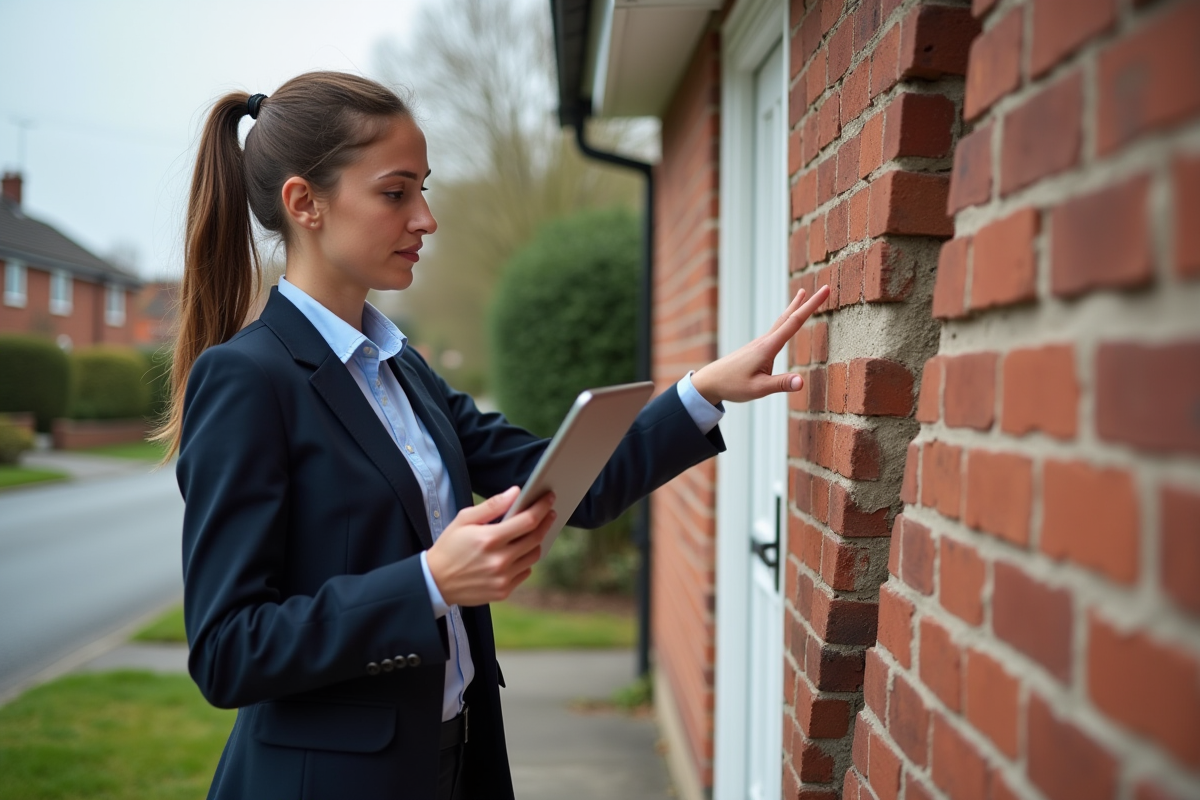 Jeune femme ingénieur montre une fissure sur une maison résidentielle