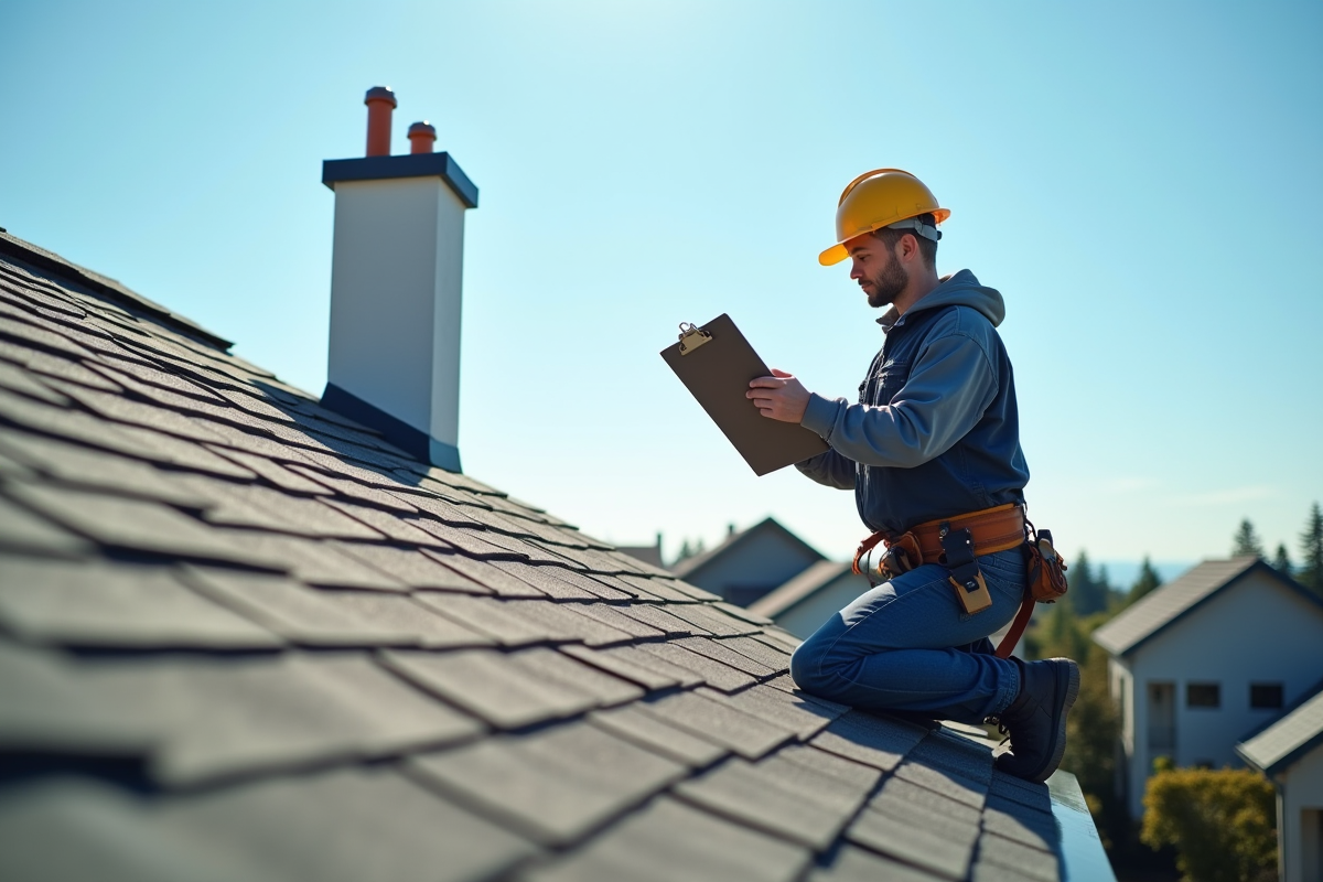 Professionnel du toit inspectant une maison ensoleillée