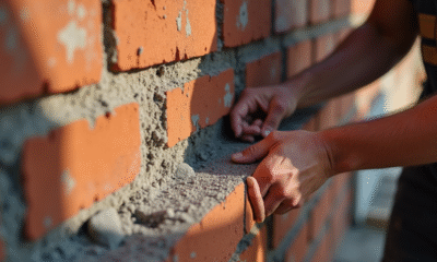 Main en train d'installer une bande d'arase sur un mur en briques