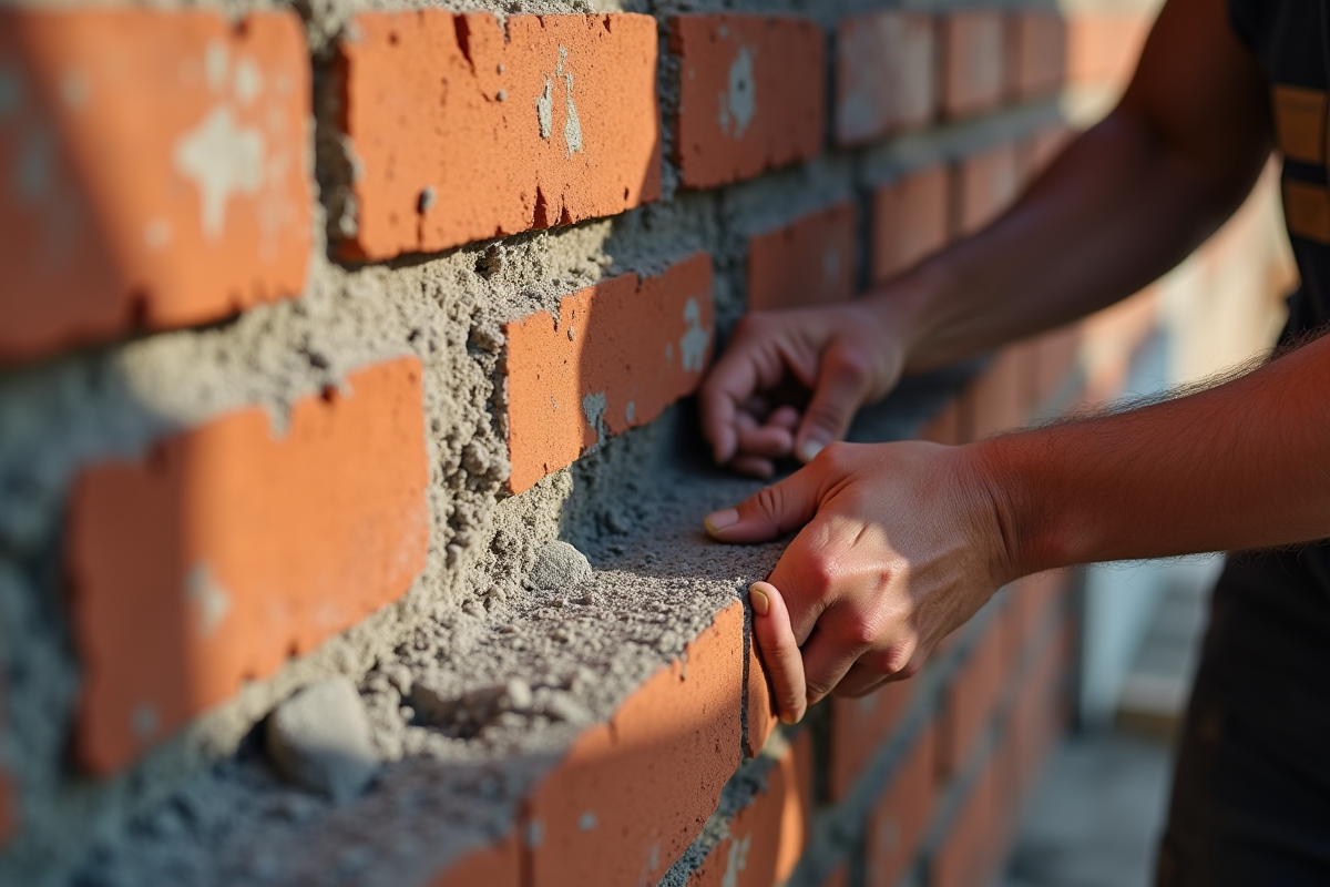 Main en train d'installer une bande d'arase sur un mur en briques
