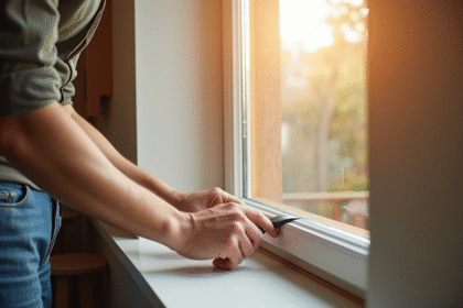 Personne posant du ruban d'étanchéité sur une fenêtre moderne dans un salon lumineux
