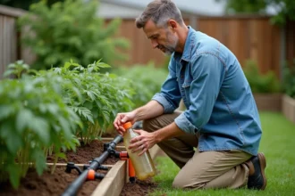 Homme d'âge moyen en tenue de jardinage installe un système d'irrigation avec bouteilles recyclées
