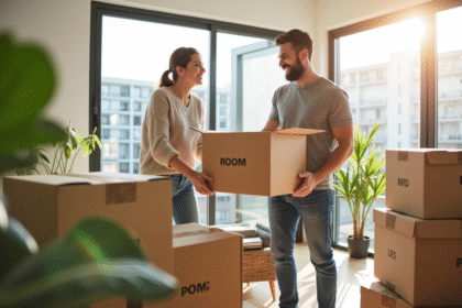Jeune couple heureux préparant des cartons de déménagement dans un salon lumineux
