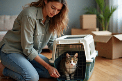 Jeune femme plaçant son chat dans une cage de transport