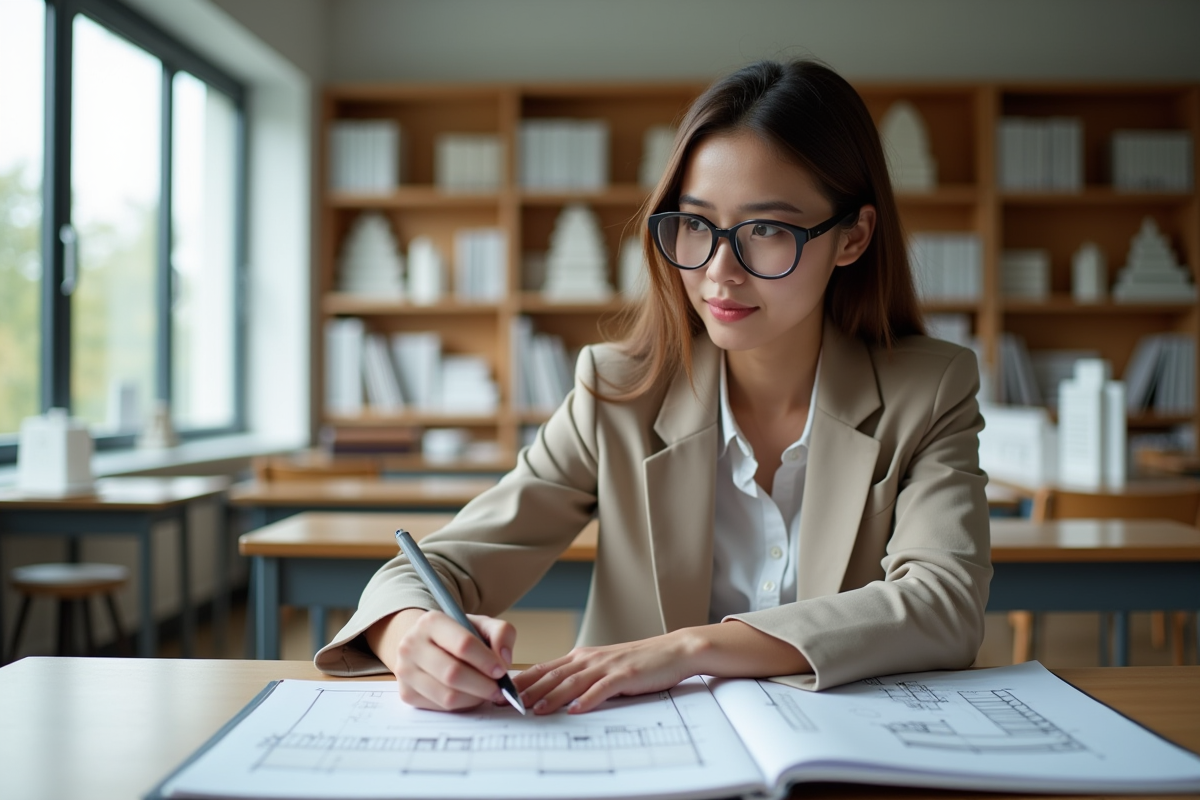 Jeune femme en design intérieur en classe universitaire