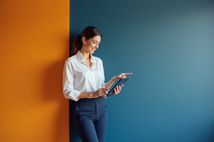 Jeune femme debout devant un mur coloré en bleu et orange