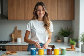 Jeune femme en cuisine avec pots de peinture colorés