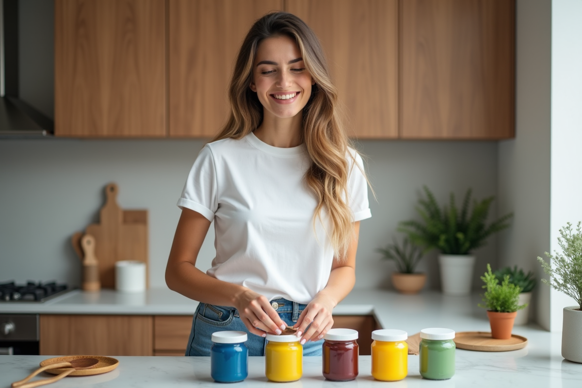 Jeune femme en cuisine avec pots de peinture colorés
