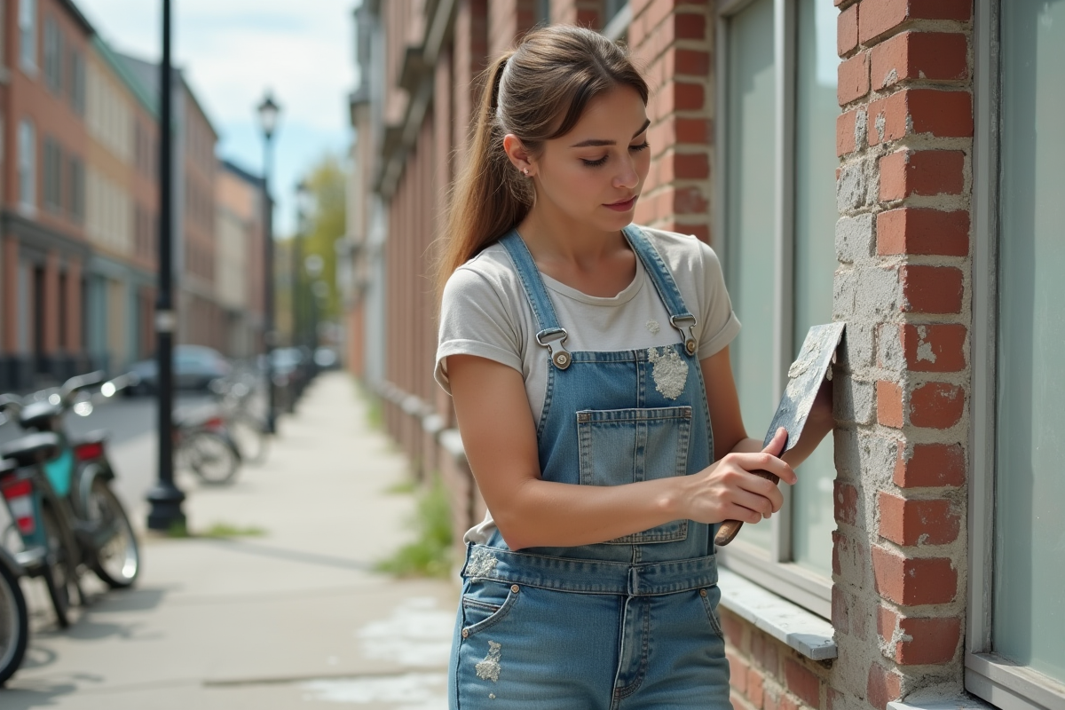Jeune femme lissant du plâtre sur un bâtiment extérieur