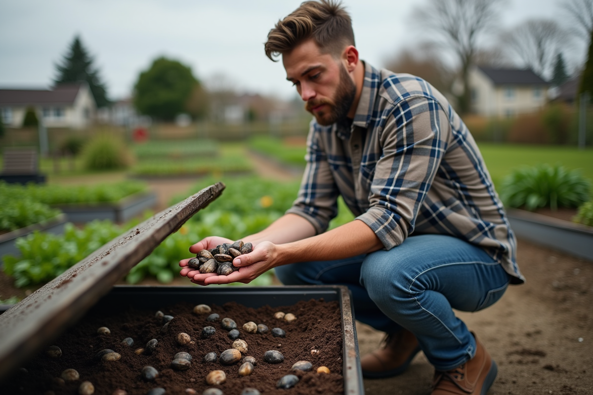 Jeune homme examinant compost avec coquilles mussels