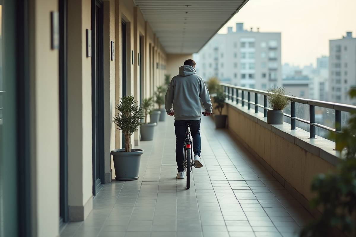 Jeune homme pousse un vélo dans un couloir urbain