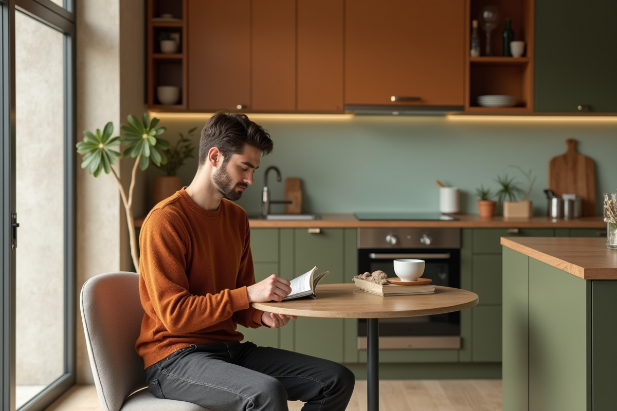 Jeune homme lisant dans une cuisine moderne chaleureuse