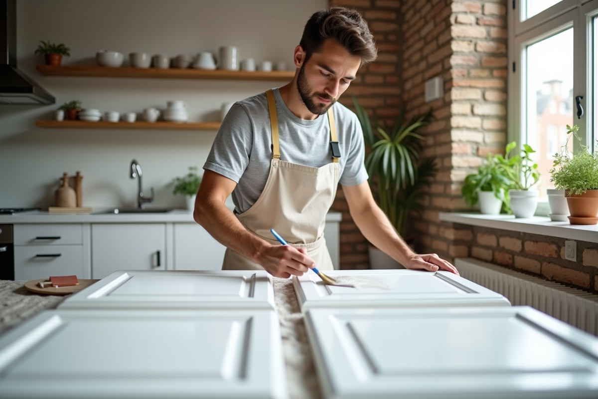Jeune homme appliquant de la peinture sur des portes de cuisine
