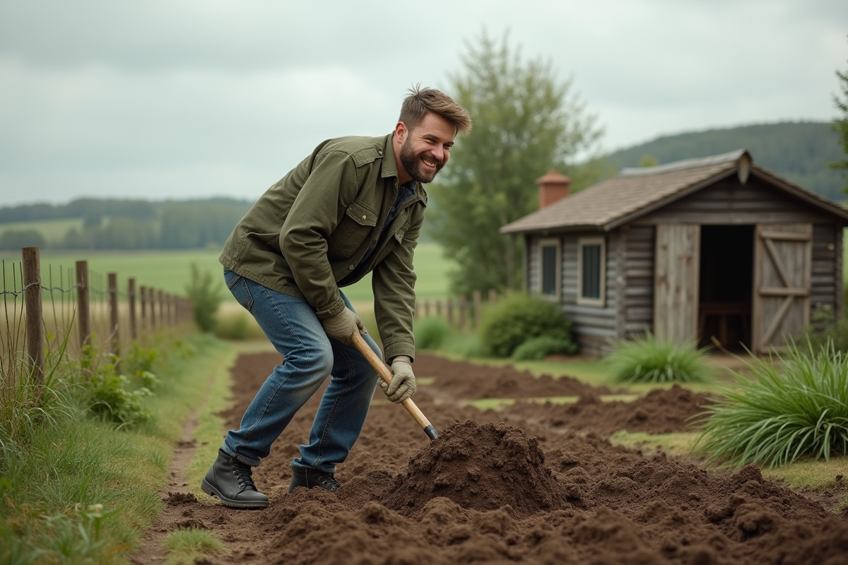 Jeune homme avec pelle dans un potager rural