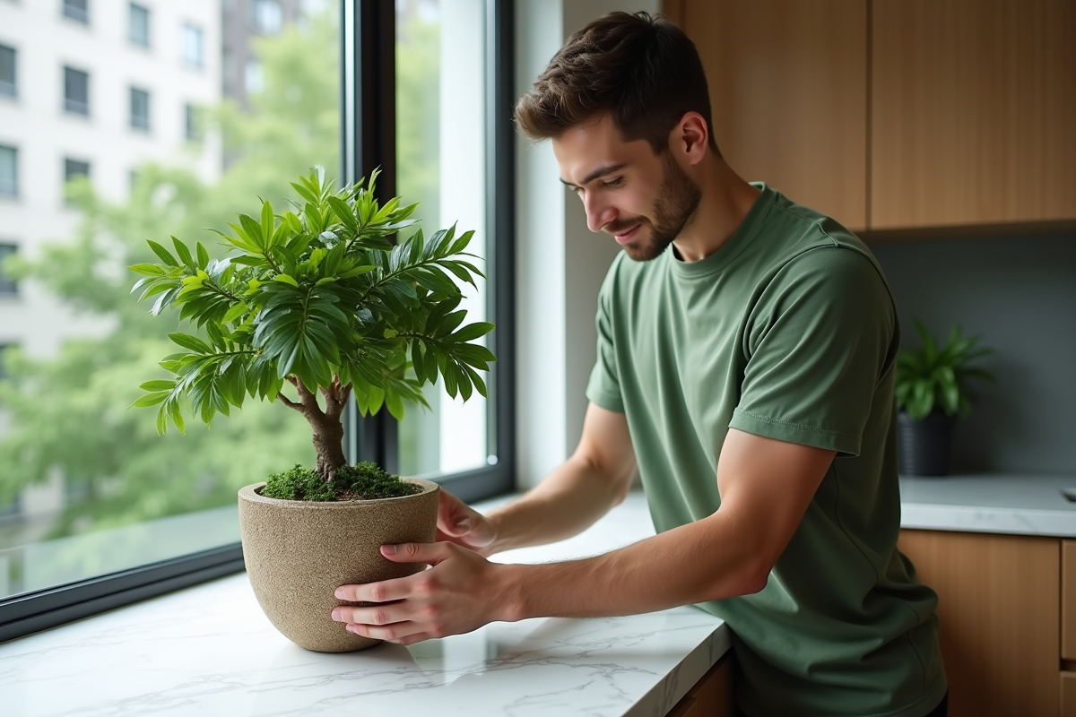 Jeune homme arrangeant un arbre à money dans son appartement