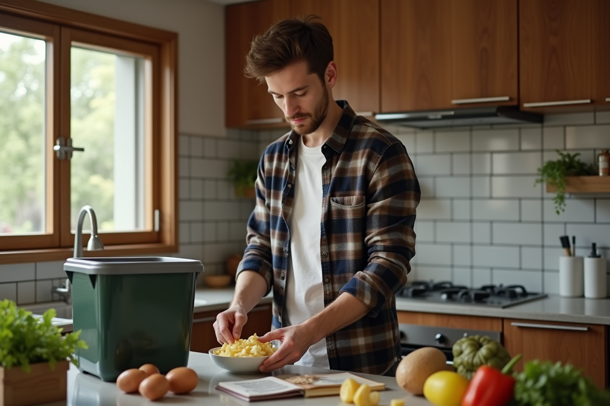 Jeune homme triant des déchets de cuisine dans la cuisine