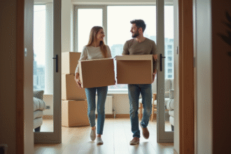 Jeune couple souriant avec cartons dans un appartement moderne