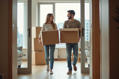 Jeune couple souriant avec cartons dans un appartement moderne
