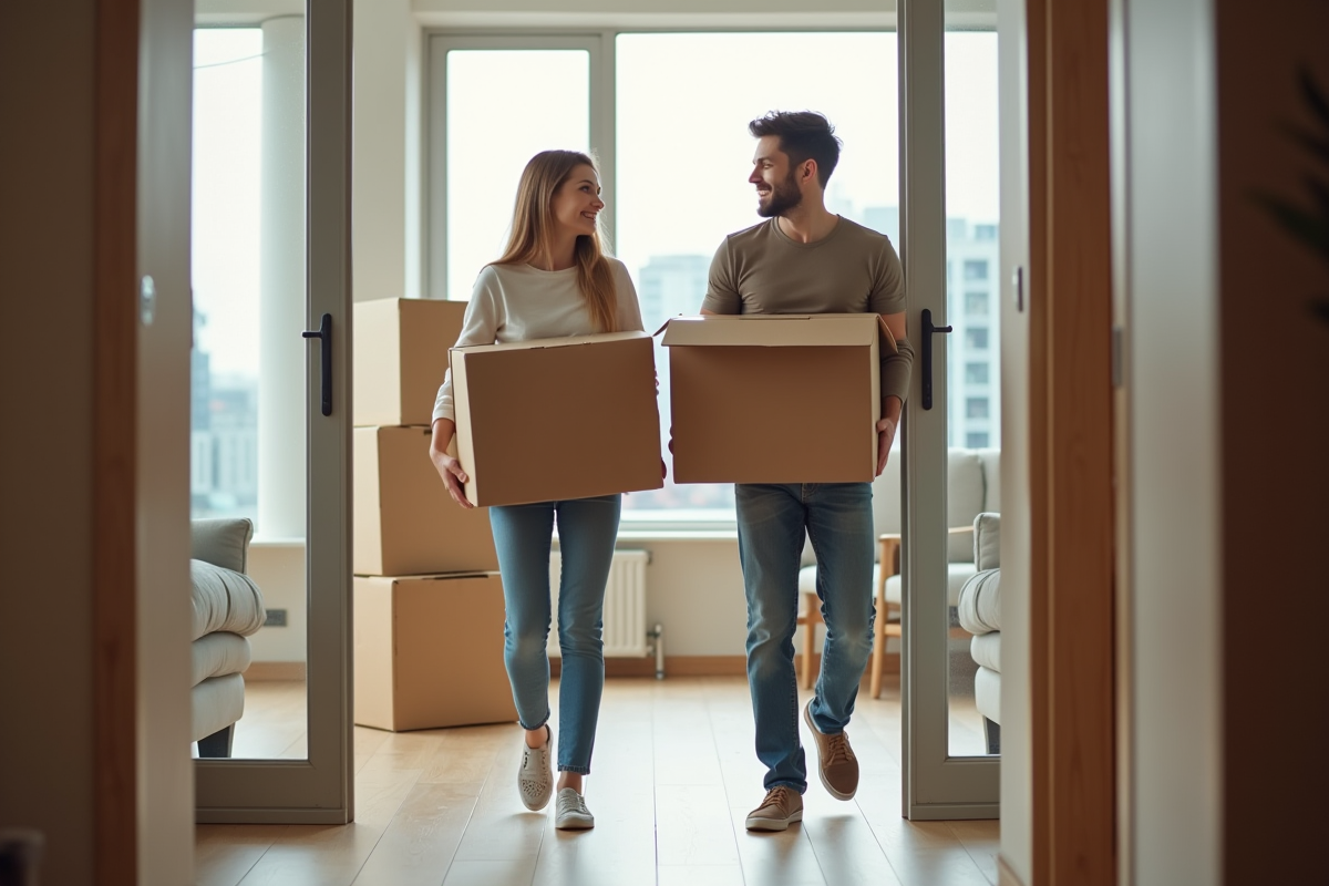 Jeune couple souriant avec cartons dans un appartement moderne