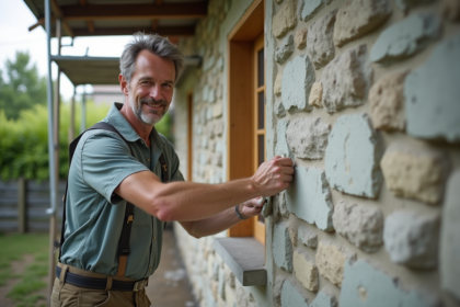 Maçon appliquant du plâtre sur une façade en extérieur