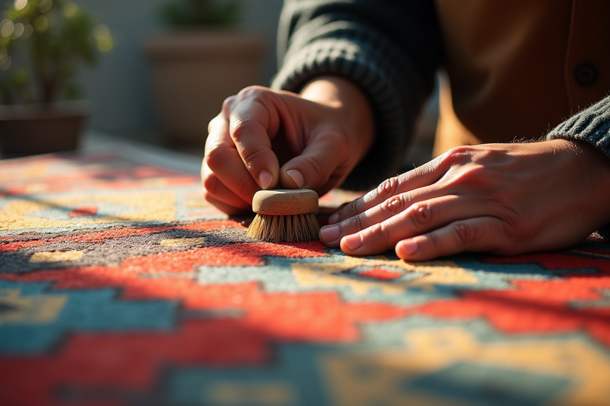Mains d artisan nettoyant un tapis marocain avec brosse