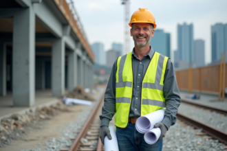 Ouvrier de construction avec plans sur un site moderne