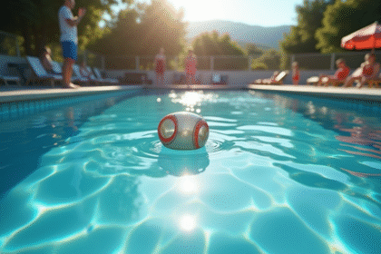 Piscine ensoleillee avec un sauveteur signalant la prudence