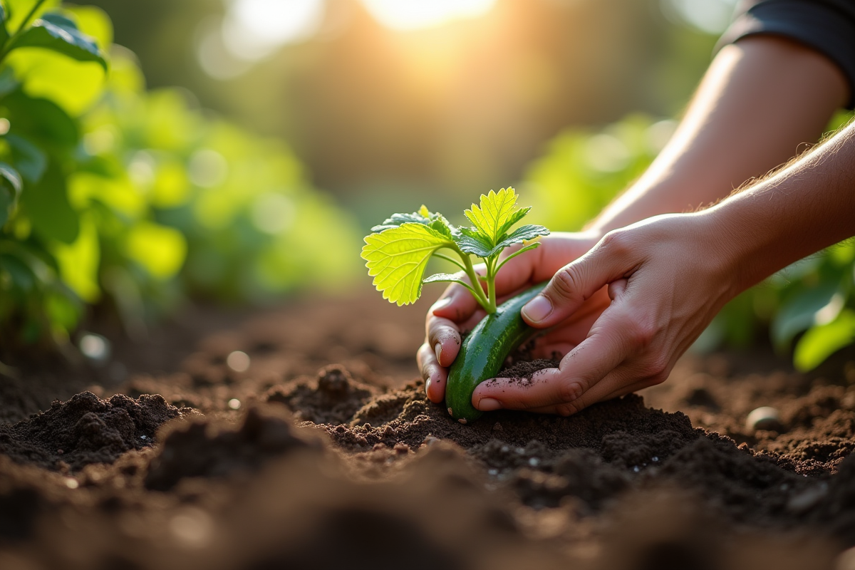 Mains de jardinier plantant une jeune pousse de concombre