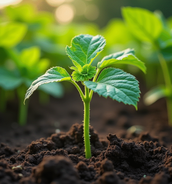 Jeune plante de concombre en terre riche et sombre