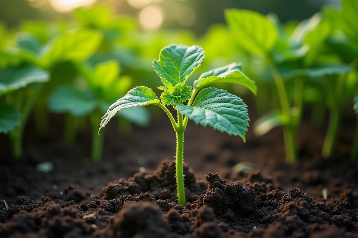 Jeune plante de concombre en terre riche et sombre