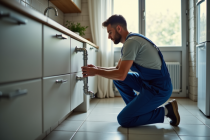 Plombier en action sous l'évier dans une cuisine moderne