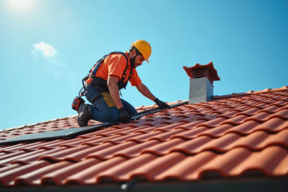 Couvreur posant des tuiles rouges sur un toit ensoleille