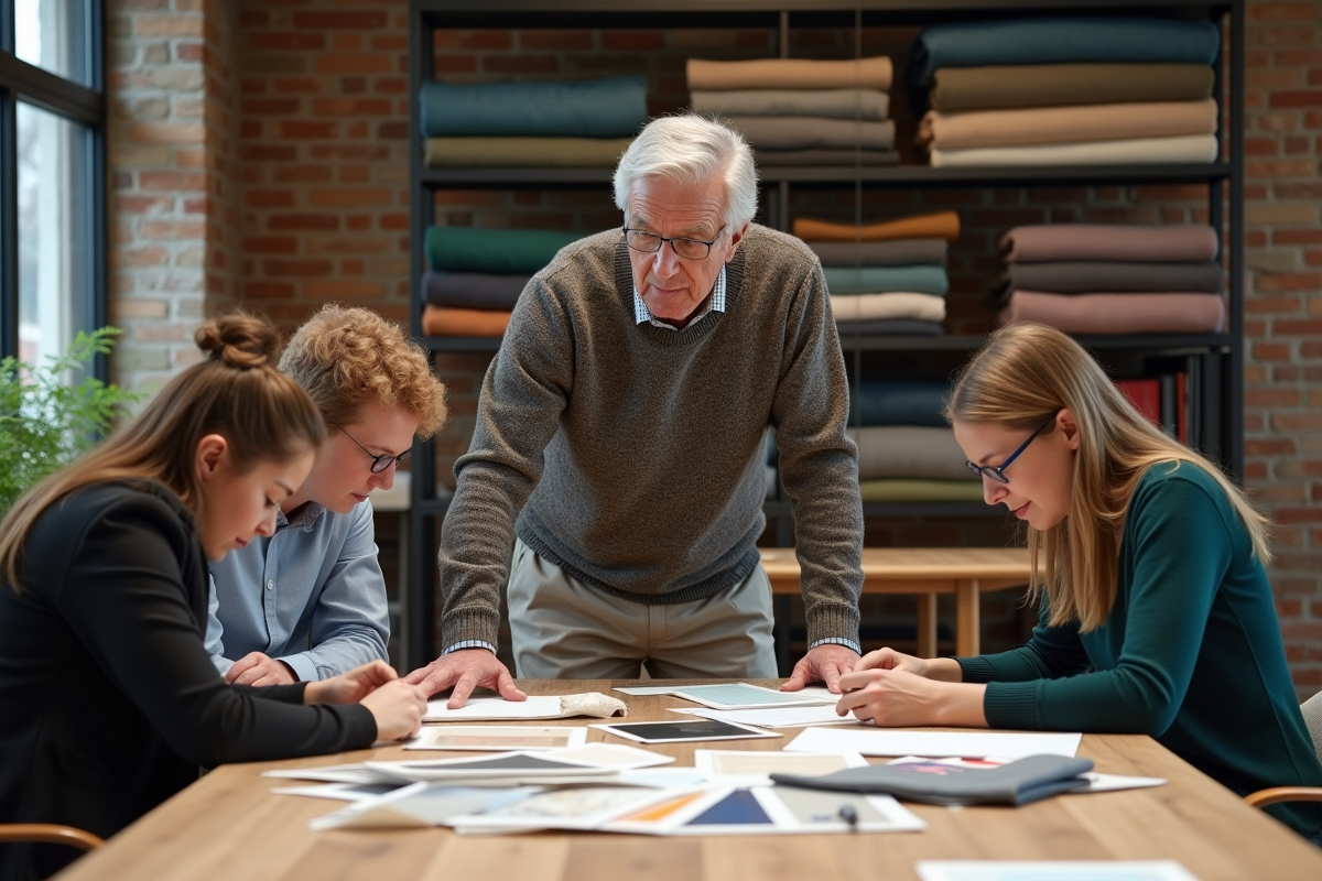 Professeur avec étudiants examinant échantillons dans studio
