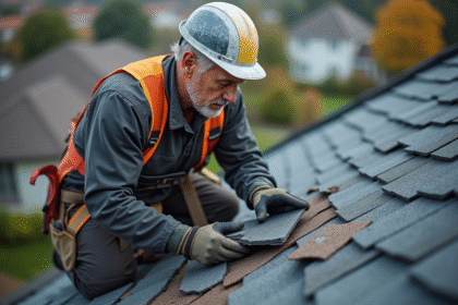 Homme en tenue de travail remplaçant des tuiles sur un toit résidentiel