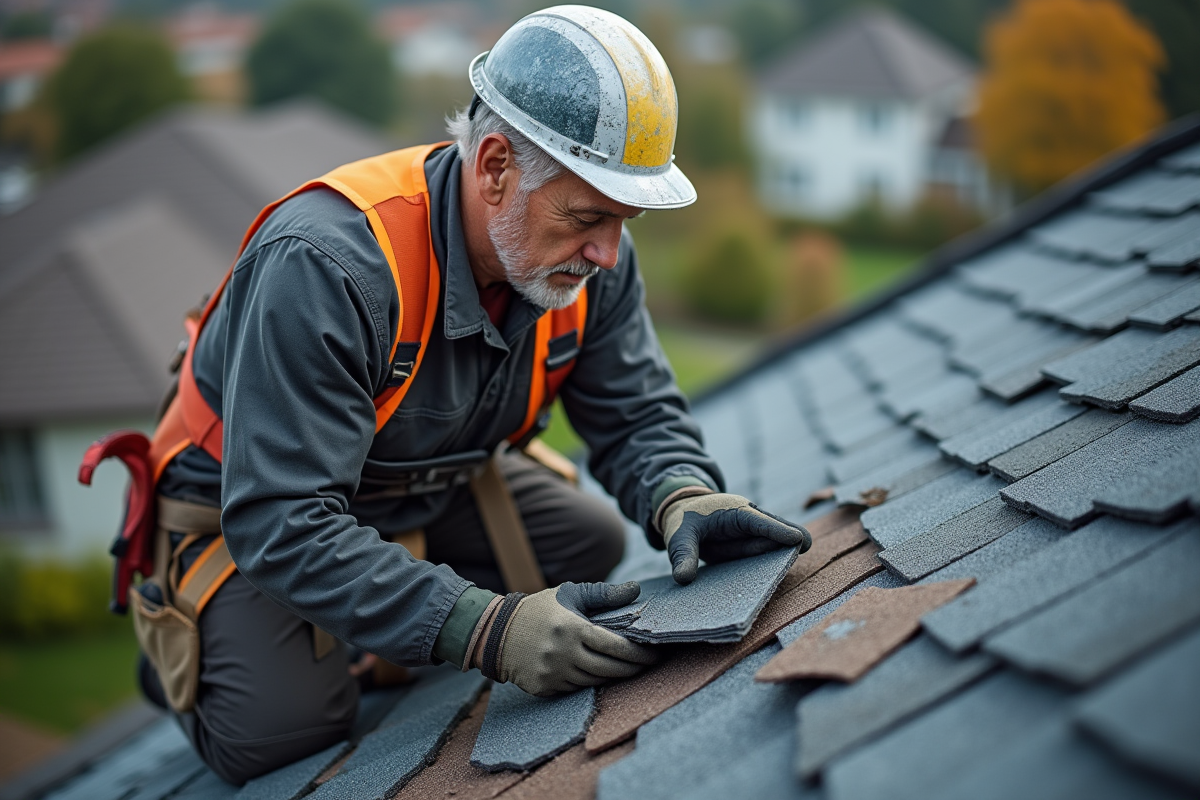 Homme en tenue de travail remplaçant des tuiles sur un toit résidentiel